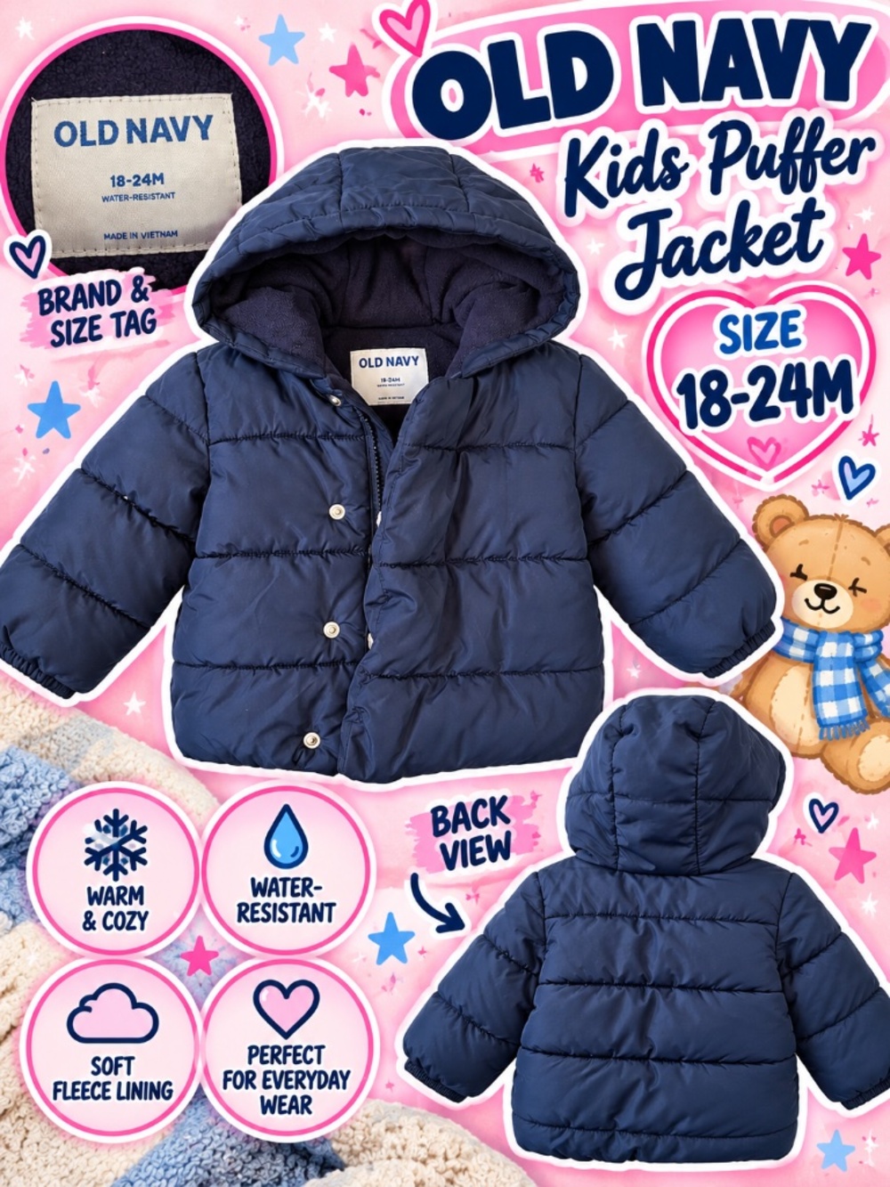 🧸 Old Navy Toddler Puffer Jacket 18–24M | Bear Ears Hooded Winter Coat 💙